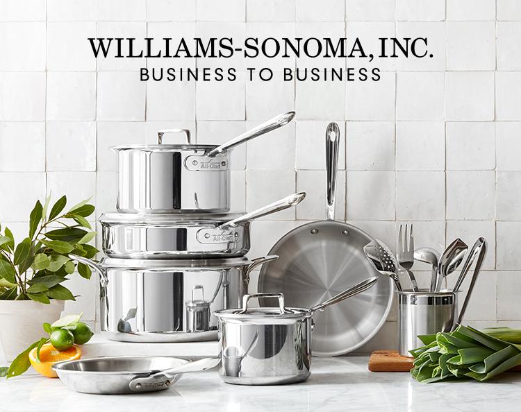 Williams-Sonoma, Inc., Business to Business | All-Clad d5 Stainless-Steel 10-Piece Cookware Set on countertop with white square tile backsplash.